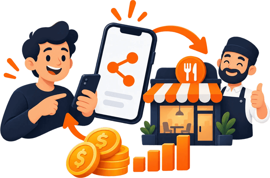 Ilustração de indicação de restaurantes e ganho de comissão no Programa de Parceiros NoToque